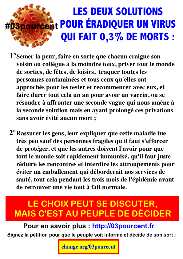 Affiche: Les deux solutions pour éradiquer un virus qui fait 0,3% de morts